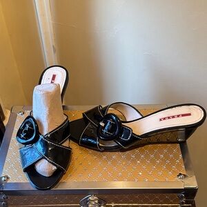 Prada Black Patent Leather Open-Toe Mules with Buckle Detail